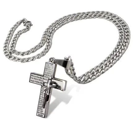 Pingente Cruz Oração Pai Nosso Grande Em Aço Inox Garantia Prata