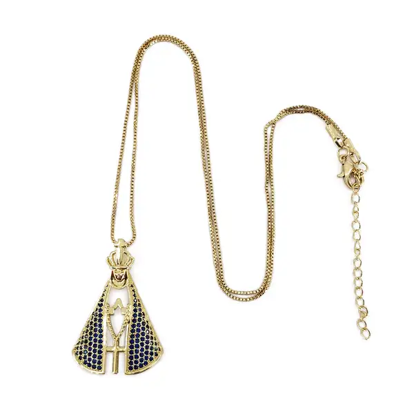 Colar de Nossa Senhora Aparecida Dourado com Zircônias Azuis Colar de Nossa Senhora Aparecida Dourado com Zircônias Azuis