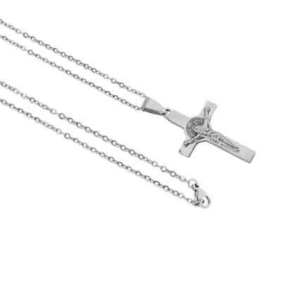 Corrente Fina em Aço com Medalha de São Bento e Crucifixo de Jesus