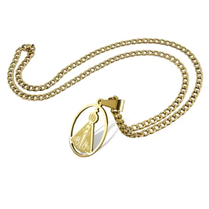 Corrente Masculina Pingente Oval Aparecida Aço Inox-dourado-01