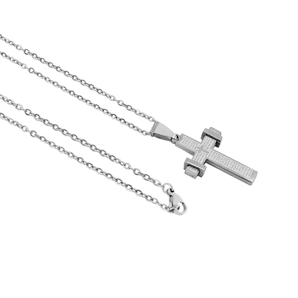 Corrente aço Inoxidável Fina Cruz Pai Nosso - Prata Corrente com Cruz Pai Nosso em Aço Inoxidável Prata - Pingente Crucifixo 3cm