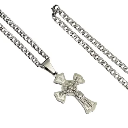 Cordão com Cruz Jesus e São Bento - Dupla Proteção em Aço Inoxidável
