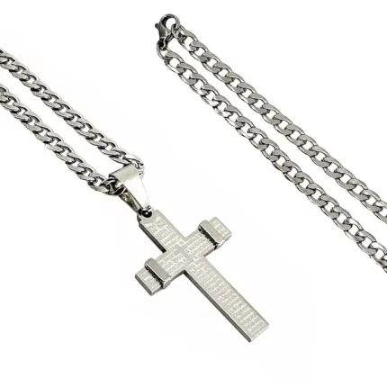 Corrente em Aço Cirúrgico Prata com Cruz e Pai Nosso - Colar Religioso