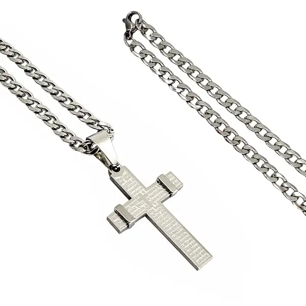 nossaimagens-corrente de aço grosso-004 Corrente em Aço Cirúrgico Prata com Cruz e Pai Nosso - Colar Religioso