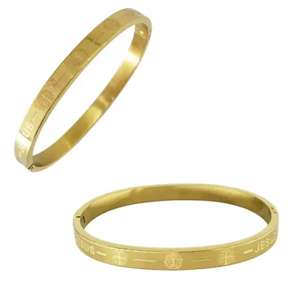 Bracelete Católico Jesus e São Bento em Aço Cirúrgico Inoxidável Dourado