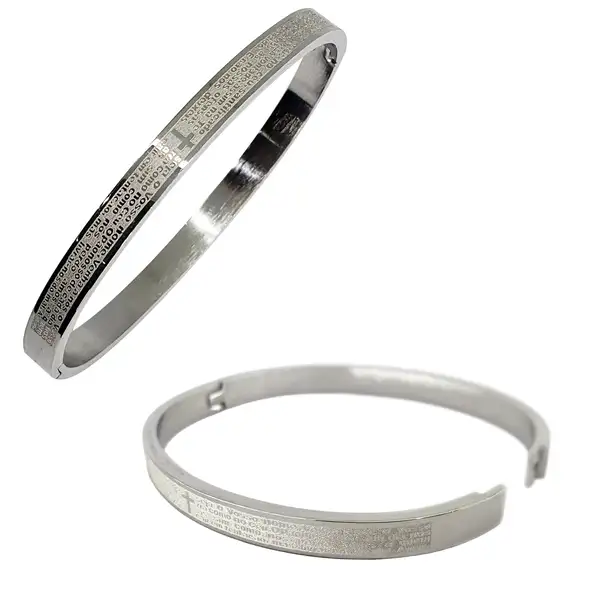 ulseira Bracelete com Oração Pai Nosso em Aço Inoxidável - Modelo Unissex Pulseira do Pai Nosso em Aço Inox com Oração Completa - Bracelete Unissex