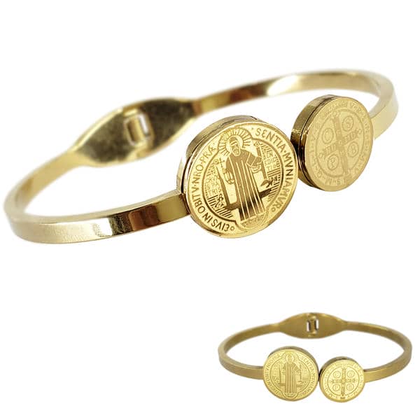 Pulseira de Proteção São Bento em Aço Inoxidável- Dourado