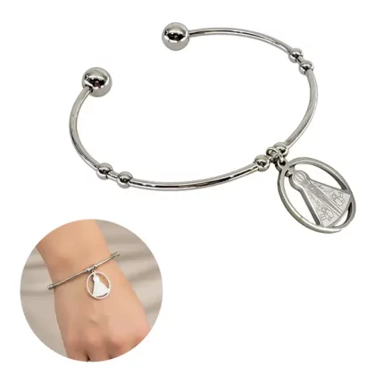 Bracelete Pulseira Aço Inox 316l Cor Prata Pingente nossa senhora Aparecida - Santo Estillo Semijoias