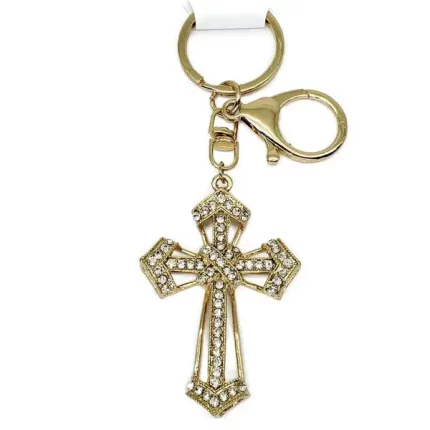 Chaveiro Cruz Dourada com Strass - Presente Brilhante