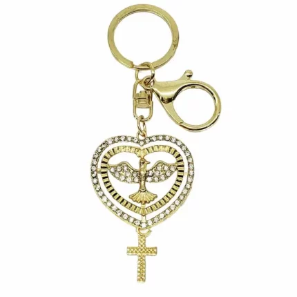 Chaveiro Dourado Espírito Santo Coração com Cruz e Strass