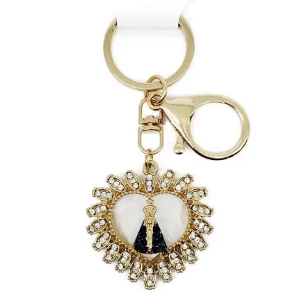 Chaveiro Nossa Senhora Aparecida em Prata Banhada com Strass e Rede de Proteção