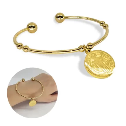 Pulseira Bracelete São Bento Dupbol Aço Inox Dourado