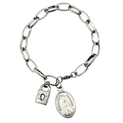 Pulseira Cadeia Consagração Aço Inox N.Sra. Aparecida Oval com Cadeado