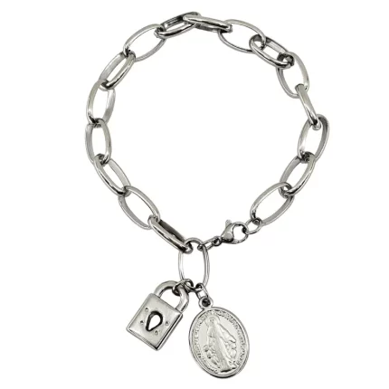 Pulseira Cadeia Consagração Aço Inox N.Sra. Graça Oval com Cadeado