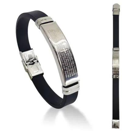 Pulseira Masculina Aço Prata Oração Pai Nosso Cruz Silicone