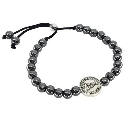 Pulseira Pedra Hematita com Medalha de Nossa Senhora Aparecida Ajustável