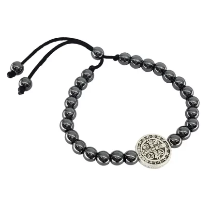 Pulseira Pedra Hematita com Medalha de São Bento Ajustável