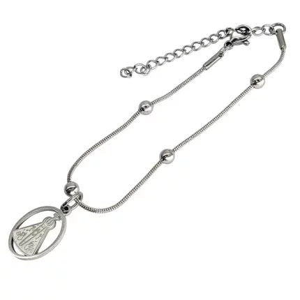 Pulseira de aço inox, corrente serpente com Nsa Sra Aparecida redondo e bolin