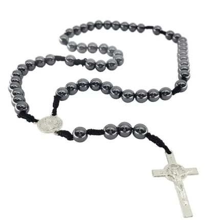 Terço de Proteção em Hematita 10mm com Medalha de São Bento