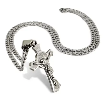 Colar com pingente de cruz de crucifixo de São São Bento de aço inoxidável 70cm