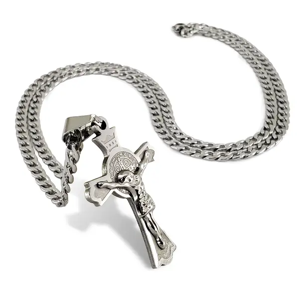 Colar com pingente de cruz de crucifixo de São São Bento de aço inoxidável 70cm
