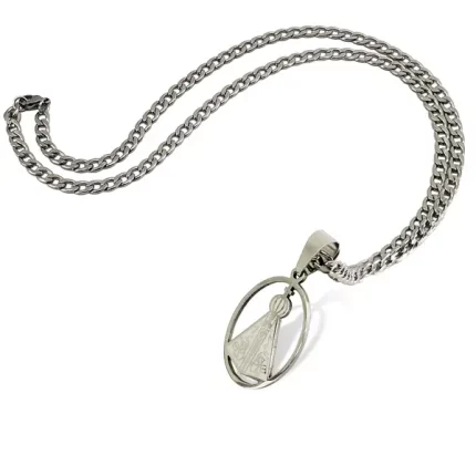 Corrente Masculina Pingente Oval Aparecida Aço Inox- prata