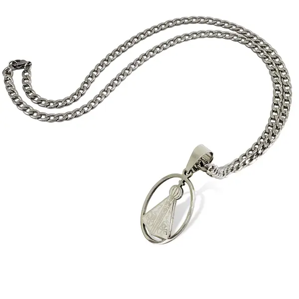 Corrente Masculina Pingente Oval Aparecida Aço Inox- prata