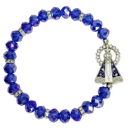 Pulseira Prateada Nossa Sra. Aparecida Fundo Branco Com Resplendor Miçanga Azul