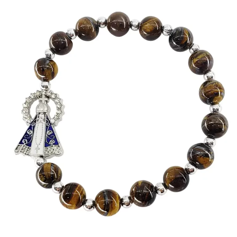Pulseira Nossa Sra. Aparecida Fundo Branco Com Resplendor Pedra Olho Tigre
