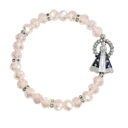 Pulseira Prateada Nossa Sra. Aparecida Fundo Branco Com Resplendor Miçanga Rosa