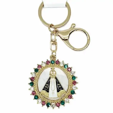 Chaveiro Nossa Senhora Aparecida com strass colorido e mosquete dourado