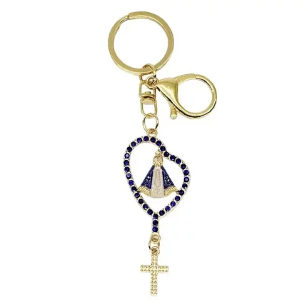 Chaveiro Santa Terço Nossa Senhora Aparecida Dourado com Strass Azul